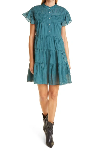 Shop Isabel Marant Étoile Lanikaye Sheer Flounce Sleeve Cotton Babydoll Dress In Dark Blue/ Green