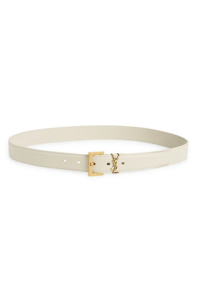 Saint Laurent White Belt With Cassandre Logo Buckle In Leather Woman In Crema Soft