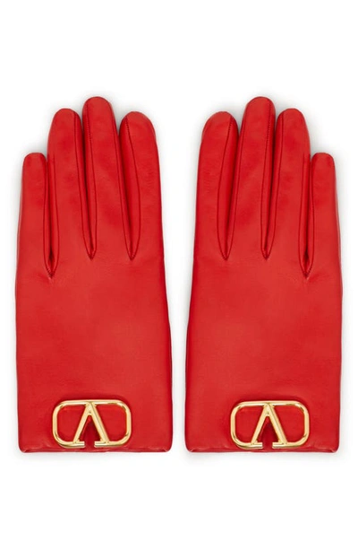 Shop Valentino Vlogo Leather Gloves In Rouge
