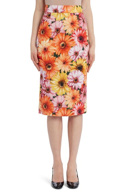 Shop Dolce & Gabbana Gerbera Daisy Print Cady Pencil Skirt In Orange Gerbera Print