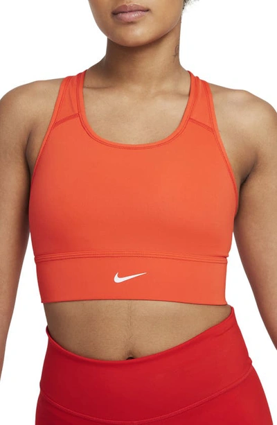 Shop Nike Dri-fit Swoosh Padded Longline Sports Bra In Chile Red/ White