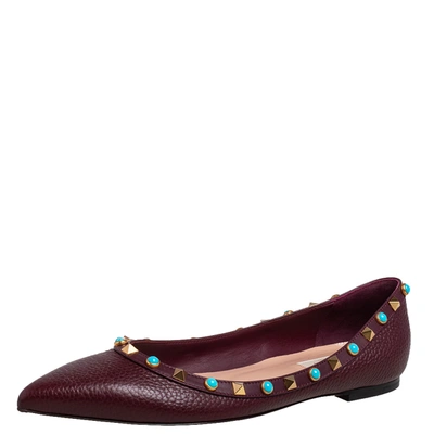Pre-owned Valentino Garavani Burgundy Leather Rolling Rockstud Pointed Toe Ballet Flats Size 39.5