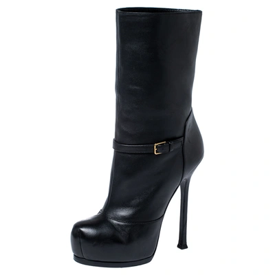 Pre-owned Saint Laurent Black Leather Tribtoo Platform Ankle Length Boots Size 37.5