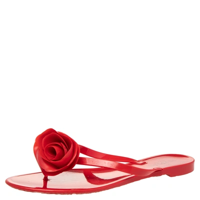 Pre-owned Valentino Garavani Red Pvc Couture Rose Thong Flat Sandals Size 41