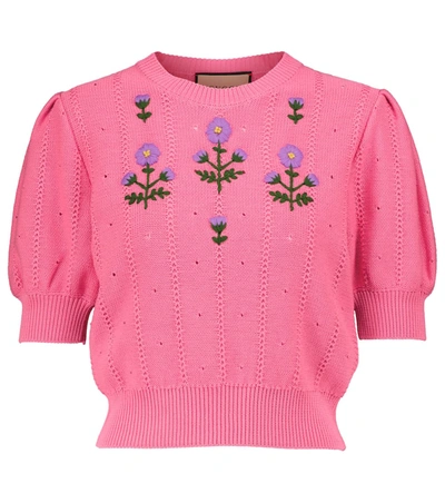 Shop Gucci Embroidered Cotton-blend Top In 粉红色