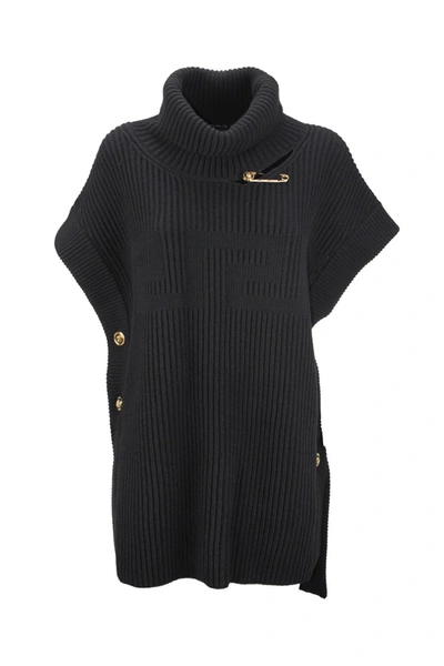 Shop Versace Safety Pin Ribbed Knit Cape In Black
