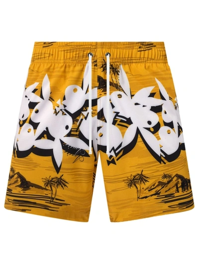 Shop Amiri Playboy Hawaiian Swim Trunks Gold Yellow