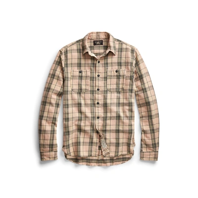 Shop Double Rl Plaid Twill Workshirt In Dusty Rose/grey