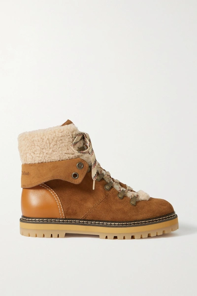 Shop See By Chloé Eilieen Shearling-lined Suede And Leather Ankle Boots In Brown