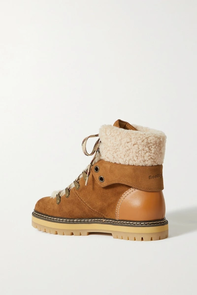 Shop See By Chloé Eilieen Shearling-lined Suede And Leather Ankle Boots In Brown