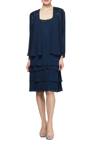Shop Slny Beaded Accent Jacket & Tiered Dress 2-piece Set In Nav