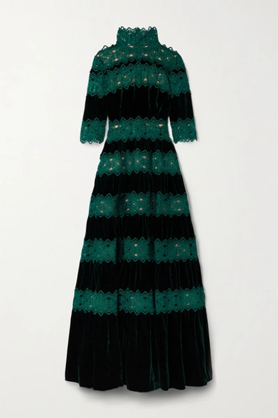Shop Costarellos Lissie Paneled Velvet And Guipure Lace Gown In Emerald