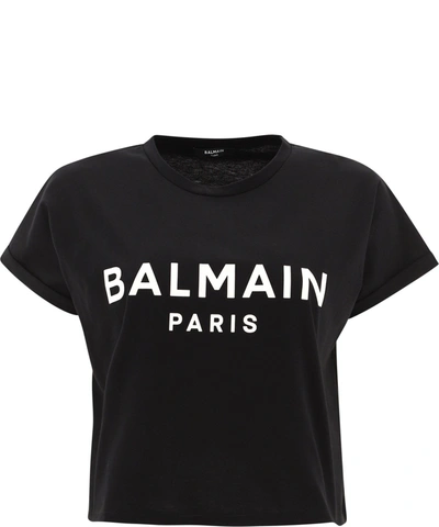 Shop Balmain Logo Printed Cropped T In Black