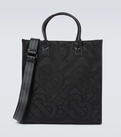 Shop Burberry Denny Checked Tote Bag In Black