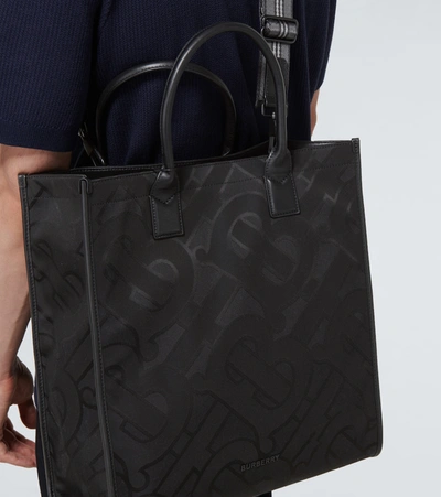 Shop Burberry Denny Checked Tote Bag In Black