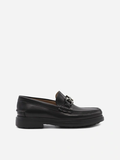 Shop Ferragamo Gancini Leather Loafers In Black