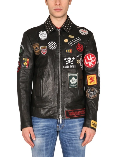 Shop Dsquared2 Full Patch Biker Jacket In Black