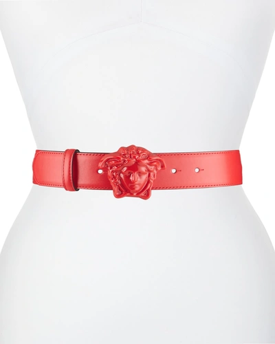 Shop Versace La Medusa Buckle Leather Belt In Caramel- G