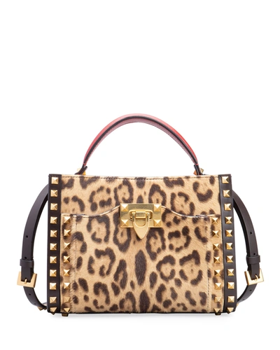 Shop Valentino Rockstud Alcove Small Leopard-print Calf Hair Top-handle Bag