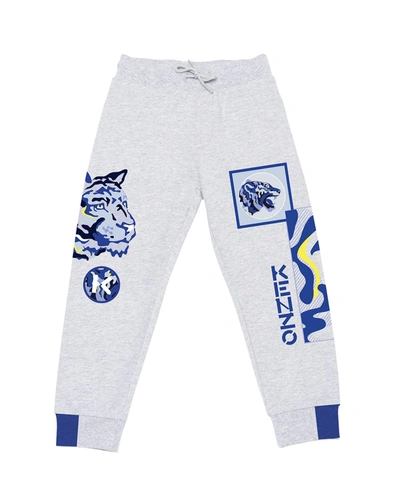 Shop Kenzo Boy's Multi-iconics Printed Joggers In A41 Gris Chine