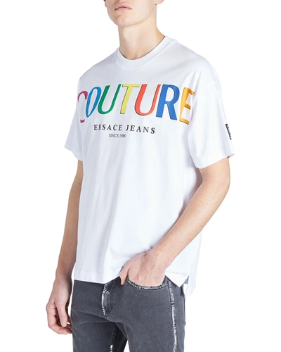 Shop Versace Jeans Couture Men's Rainbow Institutional Logo T-shirt In Optical White