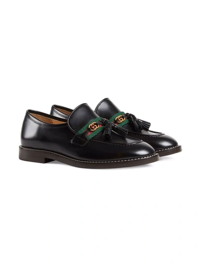 Shop Gucci Web-stripe Leather Loafers In Black