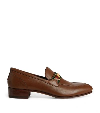 Shop Gucci Leather Stripe Horsebit Loafers In Brown