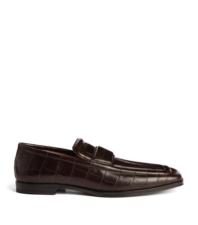 Shop Bottega Veneta Croc-embossed Leather Loafers In Brown