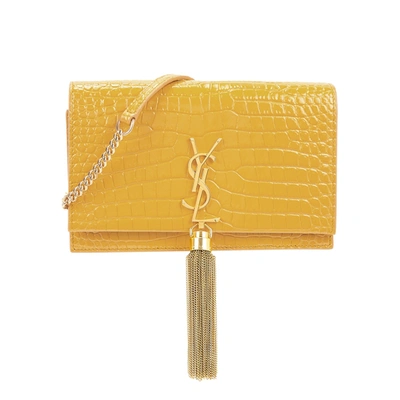 Shop Saint Laurent Kate Mustard Crocodile-effect Leather Wallet-on-chain In Yellow