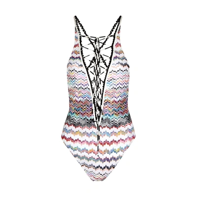 Shop Missoni Zigzag Fine-knit Swimsuit In Multicoloured