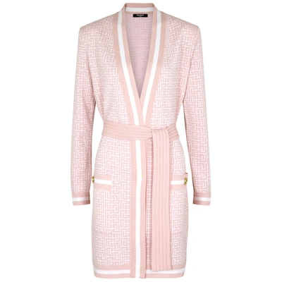 Shop Balmain Pink Monogrammed Belted Cardigan