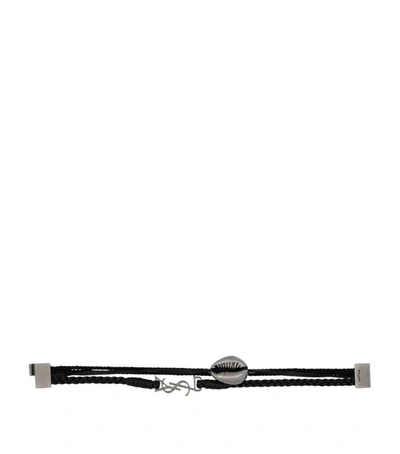 Shop Saint Laurent Braided Leather Shell Bracelet In Black