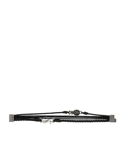 Saint Laurent Black Leather Braided Pineapple Monogram Bracelet