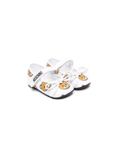 Shop Moschino Logo-print Touch-strap Ballerina Shoes In White