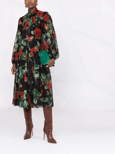 Dolce & Gabbana Black Rose Print Flared Silk Dress In Black