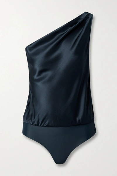 Shop Cami Nyc Darby One-shoulder Silk-charmeuse And Stretch-jersey Thong Bodysuit In Blue