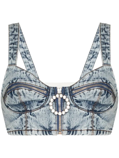 Alessandra Rich Crystal-embellished Zip-pull Denim Bralette In Blau