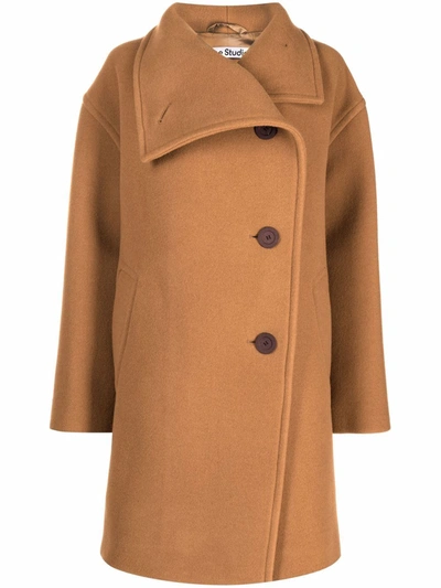 Shop Acne Studios Funnel-neck Double-breasted Coat In Braun