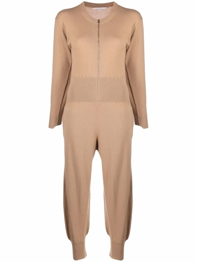 Shop Stella Mccartney Zip-front Crew Neck Knitted Jumpsuit In Braun