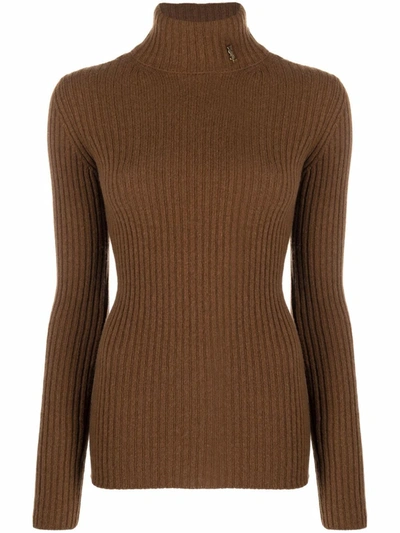 Shop Saint Laurent Roll-neck Ribbed-knit Jumper In 2241 Brown
