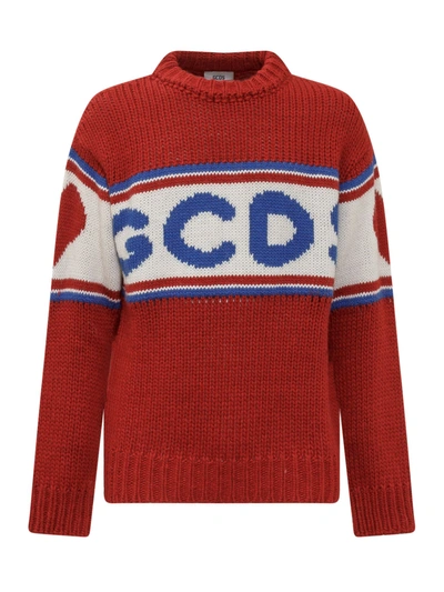 Shop Gcds Logo Tape Knit Sweater In Red