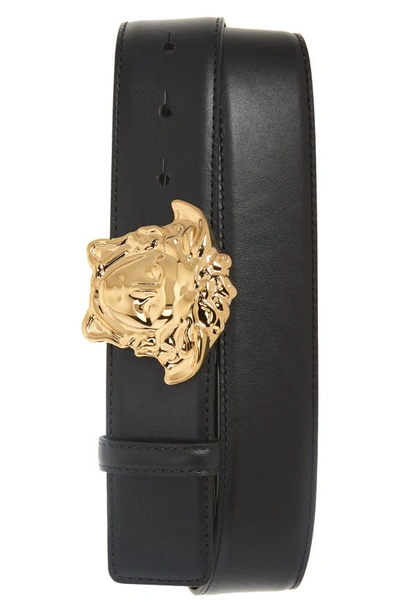 Shop Versace La Medusa Greca Print Reversible Leather Belt In Black/ Gold