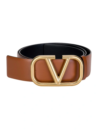 Shop Valentino Vlogo Signature Calfskin Belt In Saddle / Black