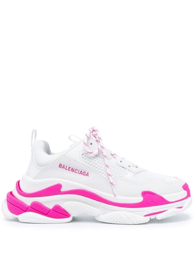 Shop Balenciaga Woman White And Fluo Pink Triple S Sneakers In Fluo Pink/white/grey