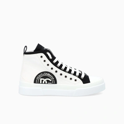 Shop Dolce & Gabbana Two-tone Canvas Portofino Light Mid-top Sneakers With Dg Logo In White Black