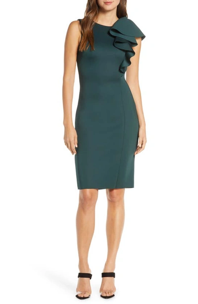 Shop Eliza J Ruffle Scuba Sheath Dress In Hunter