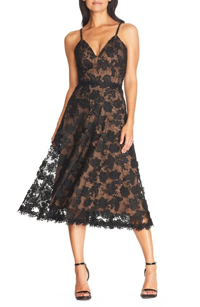 Shop Dress The Population Tahani Floral Embroidered Fit & Flare Midi Dress In Black-nude