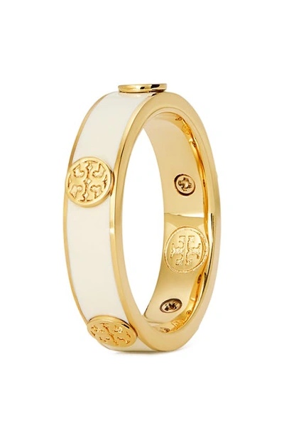 Auth NEW Tory Burch Serif-T Ivory Enamel Fill Stackable Ring Size 6 w/Dust  Bag