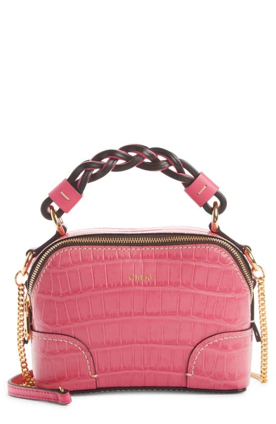 Shop Chloé Mini Daria Croc Embossed Leather Top Handle Bag In Hot Pink