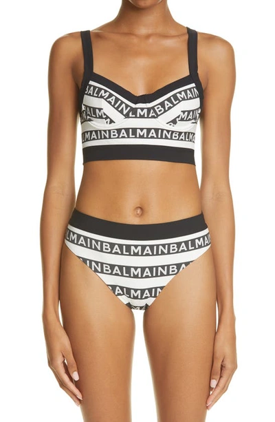 Shop Balmain Logo Stripe Two-piece Swimsuit In White/ Black